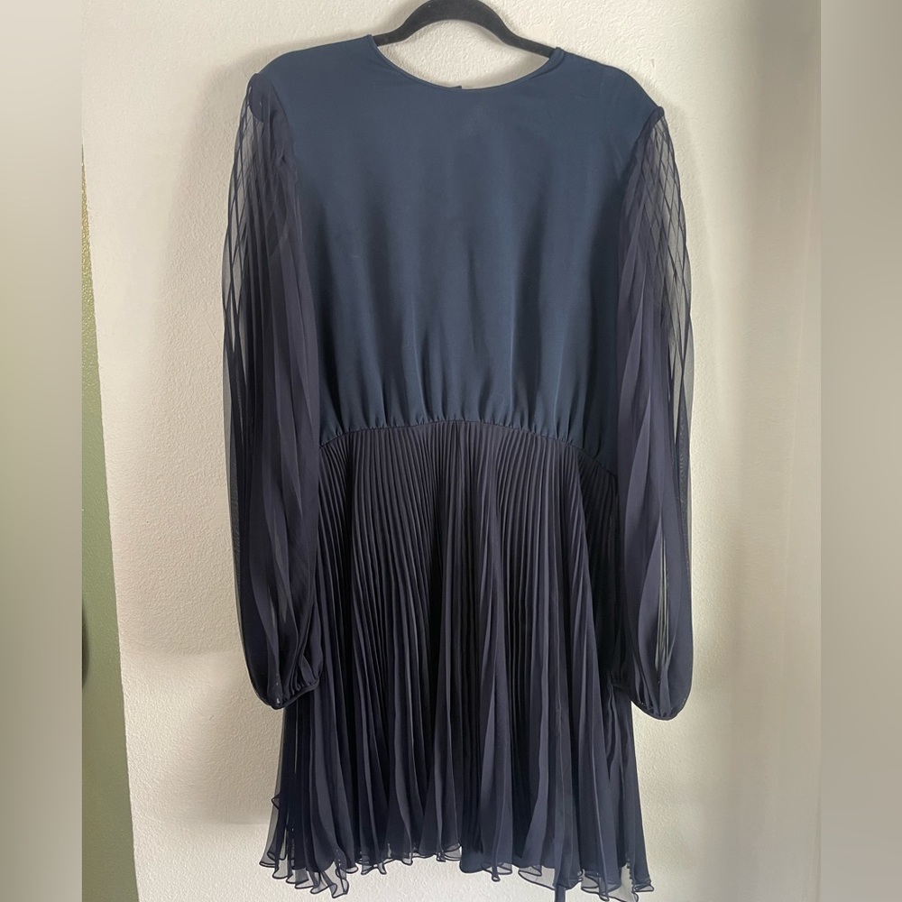 Eva Chun 100% Silk Navy pleated dress with balloon sleeves